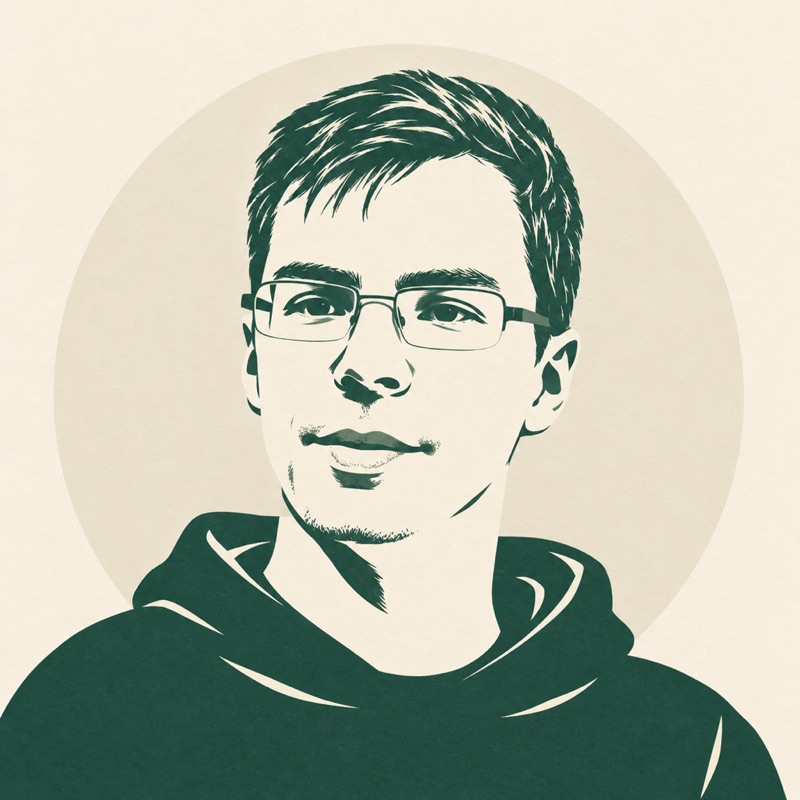 Gezeichnetes Porträt von Patrik Schmittat in Grün auf Creme.